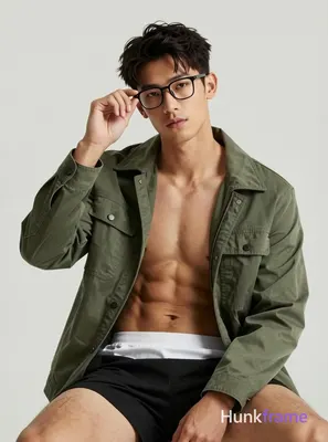 A stylish and artistic portrait of a handsome man with glasses, seated and holdi