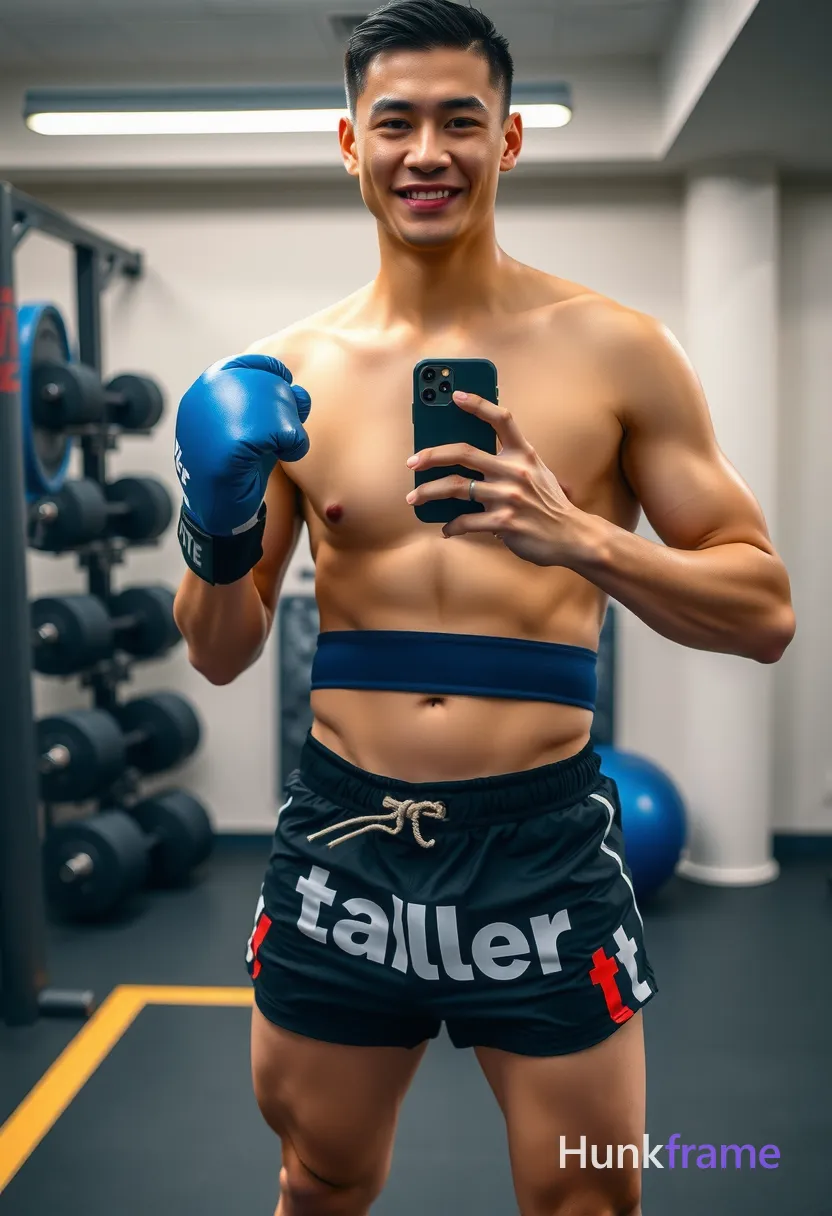 Photoreal photograph of an Asian man with a compact athletic build standing with his torso slightly leaned forward, adjusting blue boxing wraps around his waist. The man is shirtless, wearing black athletic shorts with 'taller' text on front. The image shows him in a vertical portrait composition (2:3 aspect ratio), showcasing his bare chest, abs, arms, and thick muscular thighs. Defined abs, thick muscular thighs, and vascular arms are highlighted. Soft indoor lighting and neutral palette create an authoritative mood in what appears to be an indoor gym or training facility with equipment like weights and exercise mats in the background. Tack-sharp image quality