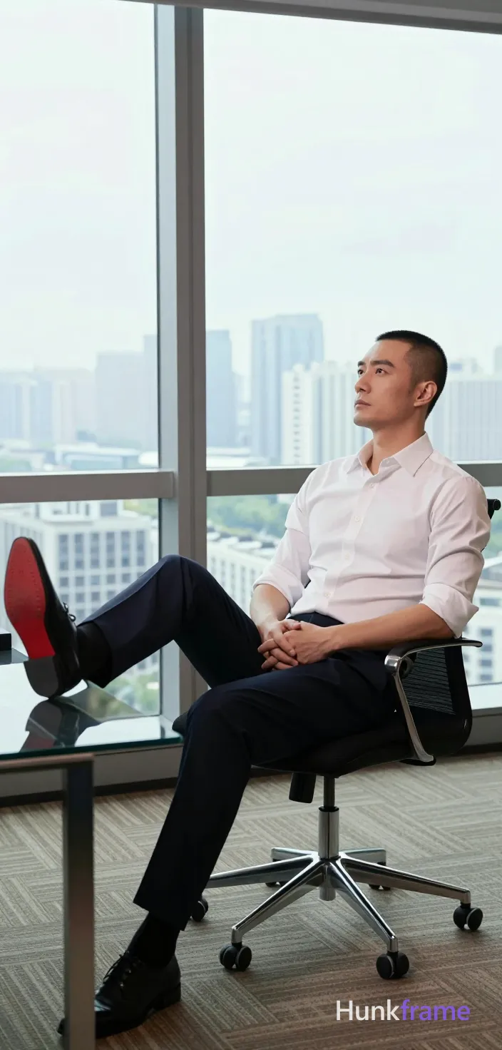 same clearly adult male subject; preserve the exact visible face, hairstyle, skin tone, apparent adult age, body proportions, and distinctive marks from the reference; do not add people, photo reference, portrait orientation, vertical portrait. Adult man 1: seated in a black office chair with chrome base, leaning back slightly, hands clasped over lap. Right leg extended onto glass desk surface showing red shoe sole accent; left foot planted on brown patterned carpet.; white button-down shirt sleeves rolled to elbows, dark navy dress trousers; lean build, defined shoulders; center-right, seated in foreground with large window behind. Interaction: seated on black office chair with chrome base and wheels; right foot resting on glass desk surface showing red shoe sole accent; left foot planted on brown patterned carpet. Setting: office interior with floor-to-ceiling windows overlooking city skyline. Lighting: high contrast window light from large windows, soft interior ambient glow. Palette: white shirt, dark navy trousers, black chair and shoes, red shoe sole accent, neutral beige carpet. Mood: professional, contemplative, premium fashion-editorial. Image character: clean composition, vertical portrait framing, cityscape background through large windows. No phone is visible., an anonymous figure man in his 30s with light to medium skin and a short black buzz cut, clean-shaven face gazing upward left. Seated in a black office chair with chrome base, leaning back slightly, hands clasped over lap. Right leg extended onto glass desk surface showing red shoe sole accent; left foot planted on brown patterned carpet. Wearing white button-down shirt sleeves rolled to elbows and dark navy dress trousers. Fully clothed lean build with defined shoulders. High contrast window light from floor-to-ceiling windows overlooking city skyline, soft interior ambient glow. Premium fashion-editorial framing, clean composition, vertical portrait 13:19 aspect ratio., a single uninterrupted photograph only, no written words or typography anywhere in frame, no captions, no app UI, no social-media post layout, no screenshot borders, standing with one hand adjusting a rolled sleeve; three-quarter turn; calm focused expression; medium portrait, eye level, same clearly adult male subject; preserve the exact visible face, hairstyle, skin tone, apparent adult age, body proportions, and distinctive marks from the reference; do not add people, a single uninterrupted photograph only, no written words or typography anywhere in frame, no captions, no app UI, no social-media post layout, no screenshot borders