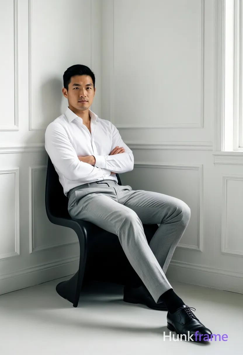 Full-bleed vertical phone wallpaper composition of an Asian man with short black hair and clean-shaven face, neutral direct gaze. Seated on a black chair in the corner of a minimalist room, leaning back against white paneled walls with arms crossed over chest. Dressed in a crisp white long-sleeve button-up shirt (collar open), light grey tailored trousers, black socks, and black leather dress shoes. Left leg extended forward showing lean build details, right knee bent resting on floor. Soft directional lighting from the right side creates subtle shadows enhancing depth against clean negative space., a single uninterrupted photograph only, no written words or typography anywhere in frame, no captions, no app UI, no social-media post layout, no screenshot borders