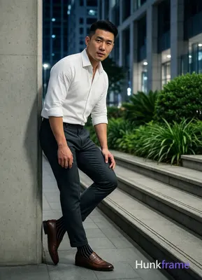 Asian man with short black side-parted slick-back hair and clean-shaven face, neutral expression mou