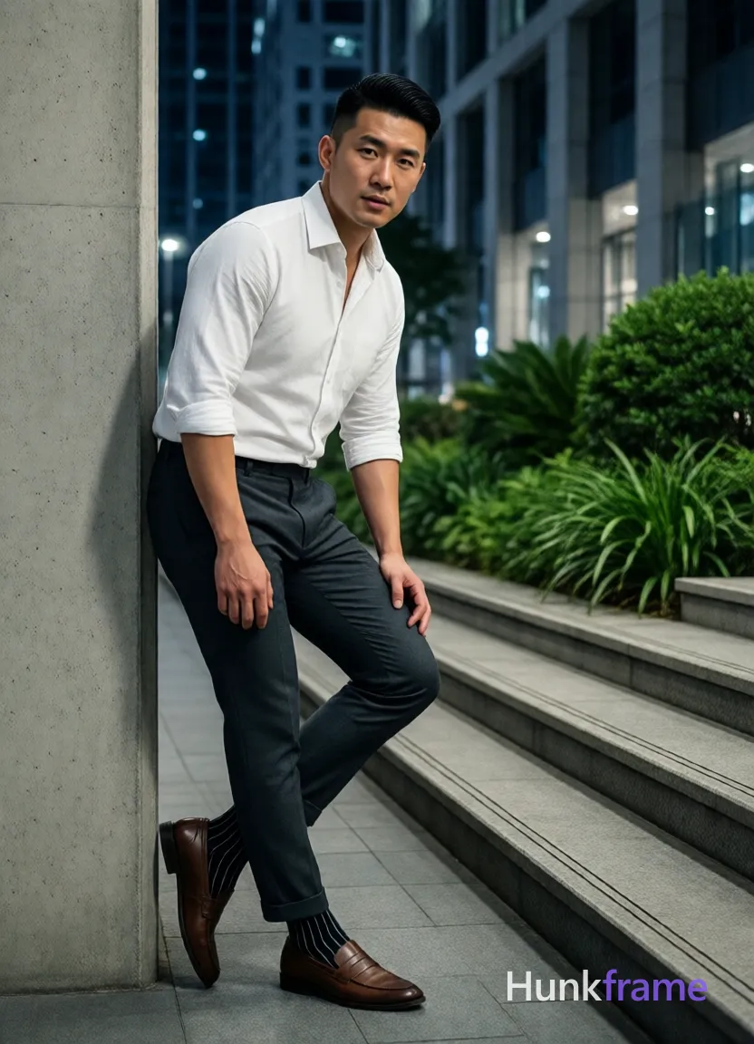Asian man with short black side-parted slick-back hair and clean-shaven face, neutral expression mouth slightly open; Standing casually leaning against a concrete pillar in an urban alleyway left leg relaxed right knee bent torso angled forward hands resting on thighs for support; White long-sleeve button-up shirt sleeves rolled to mid-forearm dark grey slim-fit trousers cuffed at ankles black striped socks with white vertical stripes brown leather loafers fully clothed adult lean build physique outdoor night scene modern high-rise building background manicured greenery stone steps artificial ambient lighting soft shadows on face and clothing fine-art photography aesthetic dramatic nighttime lighting sculpted pose deliberate body language polished confident urban sophistication full-body shot centered portrait orientation 13:19 aspect ratio; single clean uninterrupted photograph with a cohesive editorial composition and plain continuous surrounding surfaces
