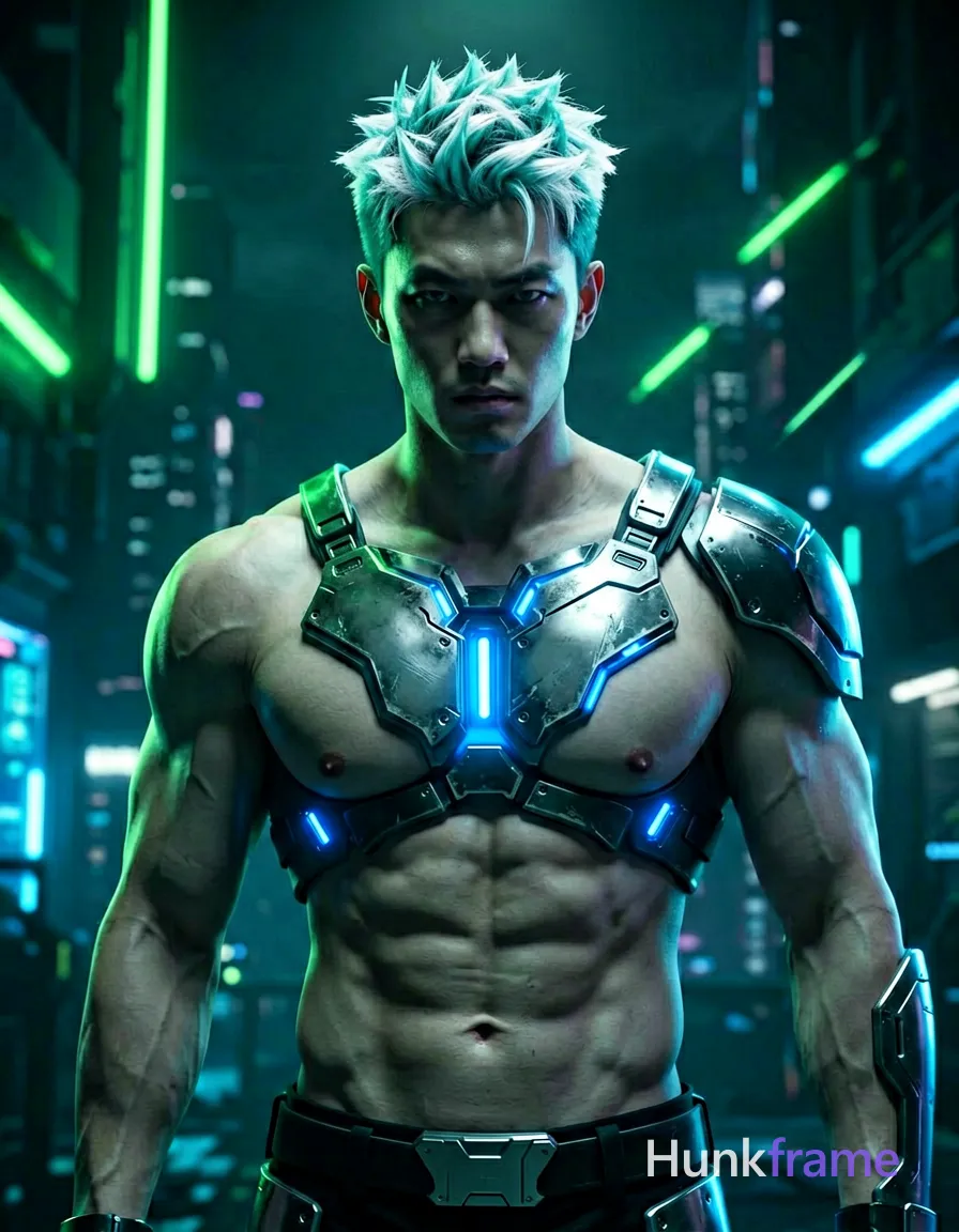 Cyberpunk-inspired fine-art portrait of a masculine figure with neon lighting and futuristic attire, featuring short spiky teal and white highlighted hair, shirtless muscular build with defined abs and broad shoulders, intricate cyberpunk armor on chest plate with glowing blue accents, dark atmospheric background with neon green streaks, strong dramatic lighting focused on upper body, cool color palette of teal, blue, and black