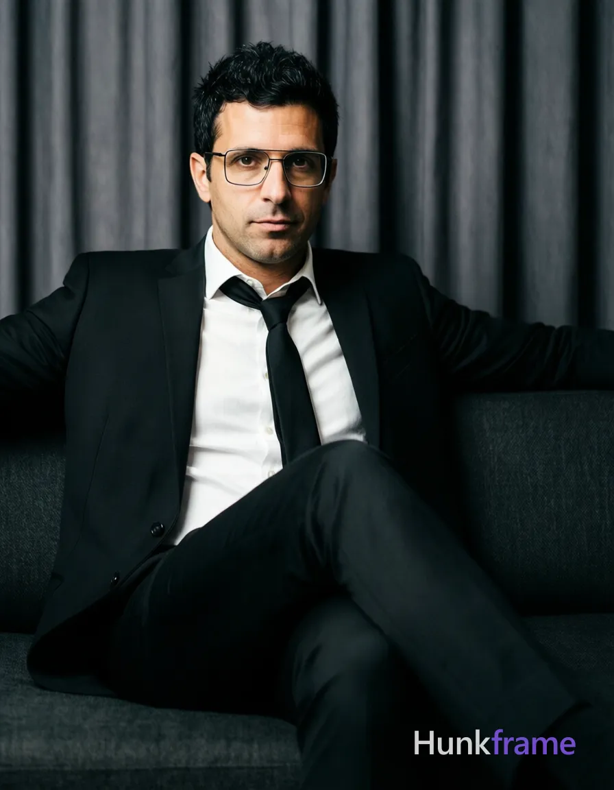 an anonymous figure man with light to medium skin and short textured black hair, wearing rectangular wire-rimmed glasses with thin black frames; Seated on a dark upholstered sofa with left arm extended along the backrest, right leg bent at knee while left leg is extended forward; Wearing a single-breasted black suit jacket with notched lapel over a white button-down dress shirt where top two buttons are undone and collar open, paired with a black necktie knotted centered at the collar; Mid-shot waist-up to thighs against heavy dark gray curtains in an indoor studio setting; Soft directional lighting from front-left creates subtle shadows on face and suit fabric textures; Shallow depth of field blurs curtain folds for elegance; High contrast between subject and background, fine-art photography aesthetic with sophisticated mood; The adult man visibly wears rectangular wire-rimmed glasses with thin black frames; clear lenses; worn on face covering both eyes on his face; preserve the exact frame shape, rim style, color, material, and lens tint; single clean uninterrupted photograph with a cohesive editorial composition and plain continuous surrounding surfaces
