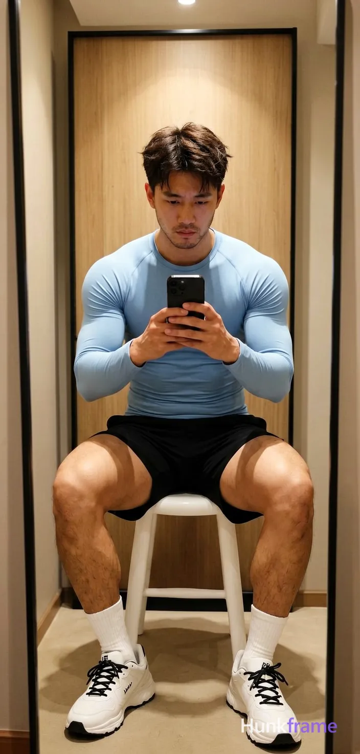 Asian man with light to medium tan skin and short dark brown hair featuring textured top, faded sides, slightly tousled front bangs falling over forehead; Clean-shaven chin and jawline; light stubble on upper lip; Focused neutral gaze directed at phone screen seated on white cylindrical stool legs spread apart torso upright leaning forward toward mirror reflection holding black smartphone in both hands at chest level thumbs positioned to operate touchscreen while looking down device screen wearing snug light blue long-sleeve compression shirt covering entire torso arms highlighting musculature, black athletic shorts ending mid-thigh revealing full leg length including thick thighs and calves white crew socks pulled up to mid-calf height on both feet white athletic sneakers with dark laces subtle branding details; Indoor dressing room tall narrow floor-to-ceiling mirror framed in black light wood paneling visible behind subject neutral beige walls flanking mirror soft directional lighting from above creating subtle shadows under chin nose even illumination across face and body highlighting muscle definition without harsh contrast clean; single clean uninterrupted artwork with a cohesive composition and plain continuous surrounding surfaces