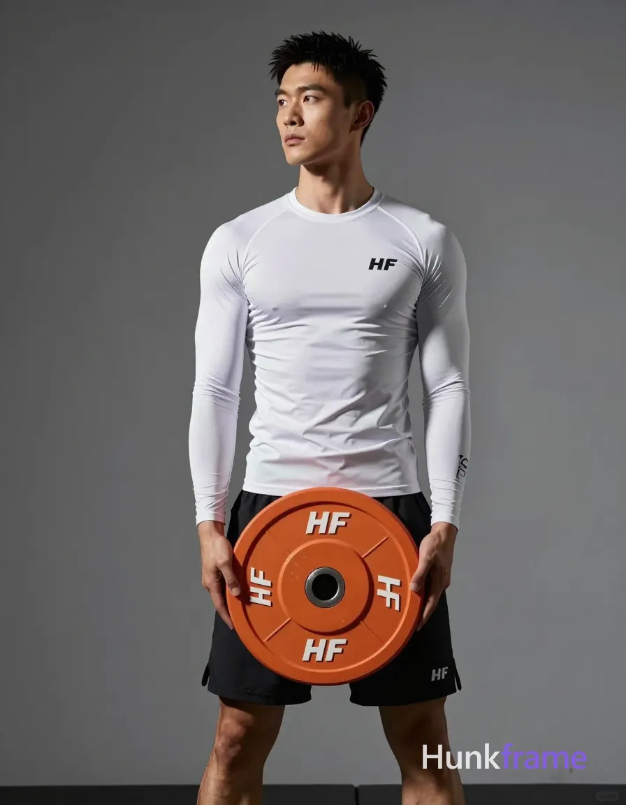 Asian man with light-medium skin, short black textured hair and clean-shaven face in a gym setting; He stands upright holding an orange 10kg HF weight plate at waist level with both hands, torso straight and shoulders engaged against a gray wall background; Wearing white long-sleeve compression top with subtle chest paneling and small left logo, black athletic shorts ending mid-thigh with small right leg logo; Sharp focus on lean muscular physique from slightly elevated angle; soft directional front-left lighting creates sculpted shadows; Premium fashion-editorial aesthetic, dramatic mood; FULL GARMENT TEXT REPLACEMENT: remove every source garment word, sentence, slogan, logo, and partial brand spelling from every existing print area, then replace those source marks with only the wordmark, spelled exactly "HF"; This is replacement, Repeated "HF" marks are allowed only where the source garment already had printed text; preserve appropriate placement, typography, color, and scale; No other visible text, logo, caption, username, hashtag, comment, watermark, or UI chrome, same aesthetic theme and photo feel as the reference; single clean uninterrupted photograph with a cohesive editorial composition and plain continuous surrounding surfaces