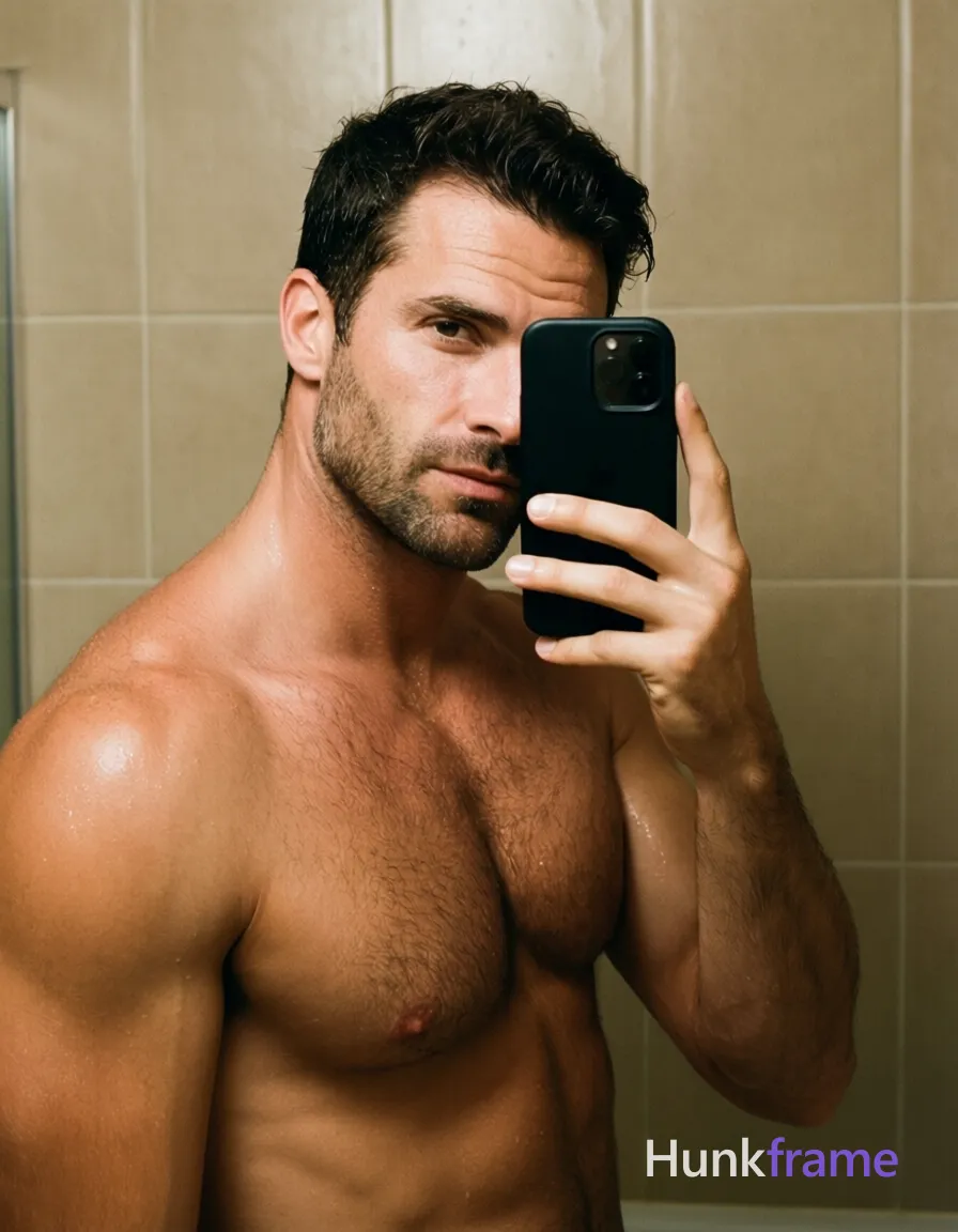 Confident adult man posing in a tasteful suggestive manner inside an intimate indoor bathroom setting with beige tiled walls; He stands shirtless, torso angled slightly right as he holds a black smartphone against his cheek area to partially obscure the face region; The composition captures broad shoulders and defined pectoral muscles under soft directional lighting that emphasizes visible sheen from moisture or sweat on light skin tones; single clean uninterrupted photograph with a cohesive editorial composition and plain continuous surrounding surfaces