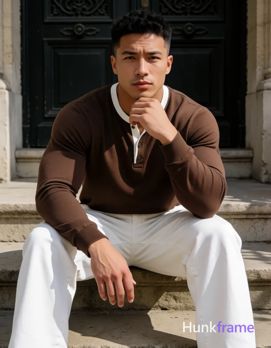 Heavily muscular adult man with substantial muscle mass, wide shoulders, thick neck, large chest and arms, powerful thighs, and dense bodybuilding proportions; Asian man with short black textured spiky hair fading to tight buzz, clean-shaven face, neutral contemplative gaze directed at camera; Seated on stone steps in front of dark ornate double doors, knees bent and legs spread apart, left hand resting under chin, right arm extended downward along thigh; Wearing brown long-sleeve henley shirt with white ribbed collar trim and button placket, fully clothed torso, white wide-leg trousers; Full-body shot from head to knees centered composition; Natural daylight illuminating earthy palette of browns, whites, and stone grays; Athletic photography aesthetic emphasizing defined heavily muscular build anatomy, confident strength posture, clean lines, neutral tones with dramatic directional light sculpting the physique, same aesthetic theme and photo feel as the reference but a different man in a different pose with distinct body proportions, Middle Eastern man, tan skin, dark beard shadow, muscular but natural proportions; single clean uninterrupted photograph with a cohesive editorial composition and plain continuous surrounding surfaces