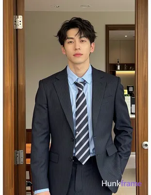 He wears a dark navy pinstripe suit jacket over a light blue dress shirt buttoned to the neck, paire