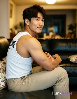 Asian man with light-medium skin, dark brown short hair styled with volume on top, clean-shaven face