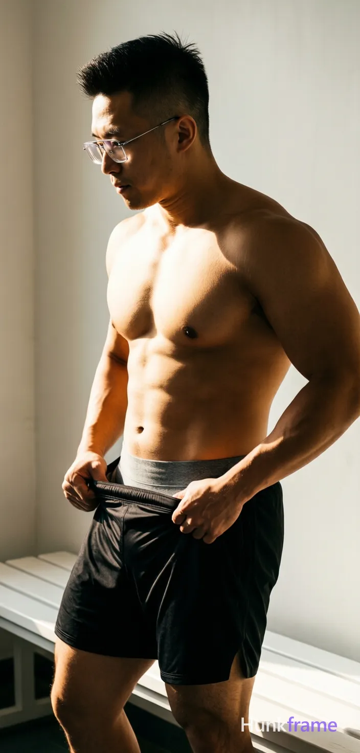 Asian man with short dark black hair high fade, thin metal frame rectangular glasses worn on face, clean-shaven; Standing profile facing left pulling up black athletic shorts waistband mid-thigh right side shirtless bare chest six-pack abs thick thighs visible gray inner waistband above outer fabric indoor locker room white bench dramatic directional lighting highlighting musculature high contrast shadows broad shoulders rugged warm confidence fine-art photography style vertical portrait crop head to upper thighs The adult man visibly wears thin metal frame glasses worn on the face; clear lenses with no tint; rectangular to slightly rounded shape on his face; preserve the exact frame shape, rim style, color, material, and lens tint; FULL GARMENT TEXT REPLACEMENT: remove every source garment word, sentence, slogan, logo, and partial brand spelling from every existing print area, then replace those source marks with only the wordmark, spelled exactly "HF"; This is replacement, Repeated "HF" marks are allowed only where the source garment already had printed text; preserve appropriate placement, typography, color; single clean uninterrupted photograph with a cohesive editorial composition and plain continuous surrounding surfaces