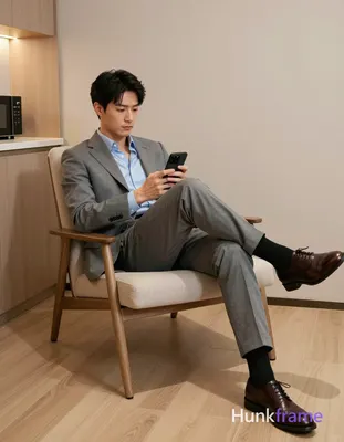 Adult man reclining on a modern lounge chair, legs crossed with right foot resti