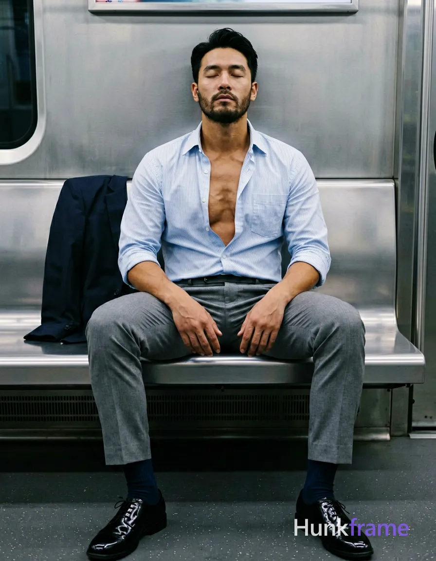 An Asian man with light-medium skin and short black hair styled back sits on a subway bench, eyes closed in repose. He wears an unbuttoned light blue pinstriped shirt exposing his chest, grey tailored trousers, dark navy socks, and black patent leather shoes. His lean build shows defined collarbones as he rests hands on thighs with legs spread left knee raised right extended. A jacket drapes beside him against metallic subway walls under cool ambient lighting., same aesthetic theme and photo feel as the reference but a different man in a different pose with distinct body proportions, Middle Eastern man, tan skin, dark beard shadow, muscular but natural proportions, wearing underwear or swim trunks, covered genitals, no frontal nudity, a single uninterrupted photograph only, no written words or typography anywhere in frame, no captions, no app UI, no social-media post layout, no screenshot borders