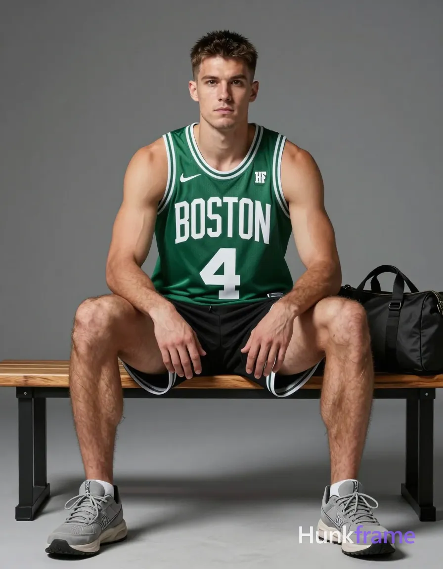 A stocky white man with short brown hair and a clean-shaven face sits on a wooden bench, legs spread apart. He wears a green sleeveless basketball jersey with 'BOSTON 4' text, black athletic shorts, and grey chunky sneakers. His build features broad shoulders, defined arms, thick thighs, and dense body hair under warm studio lighting against a plain grey backdrop. A duffel bag rests to his right. Include exactly one visible wordmark, spelled exactly "HF", as a small garment print; preserve its appropriate typography and scale. No other visible text, logo, caption, username, hashtag, comment, watermark, or UI chrome., same aesthetic theme and photo feel as the reference but a different man in a different pose with distinct body proportions, Chinese man, light tan skin, high cheekbones, lean wiry martial-arts physique, a single uninterrupted photograph only, no written words or typography anywhere in frame, no captions, no app UI, no social-media post layout, no screenshot borders
