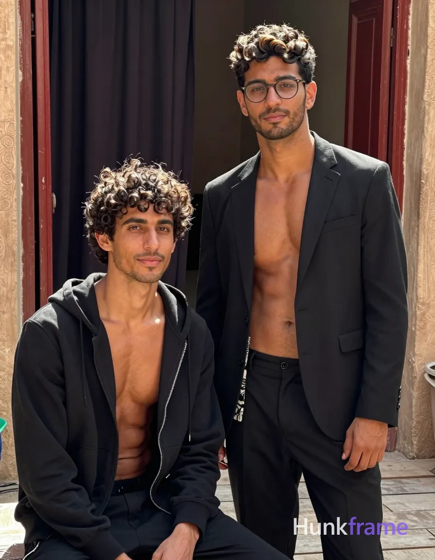 A Moroccan man with deep tan skin, dark curls, and defined abs stands in a sunlit doorway of an old building. The sunlight creates a soft halo effect around him, highlighting his natural musculature without exaggeration. He is shirtless from the waist up, wearing black suit jacket over patterned shirt underneath. His posture is relaxed yet confident, standing with one leg slightly forward on an aged wooden floor. Dark curtains and a red vertical element frame the scene in the background