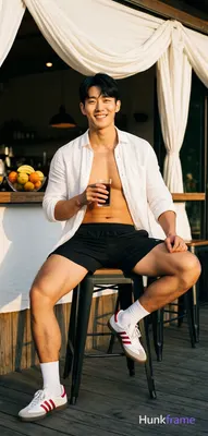 Asian man with light-medium skin and black short styled hair, clean-shaven face smiling at camera. S
