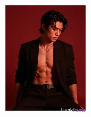 Adult man seated in a moody studio with solid red backdrop, shirtless under an o