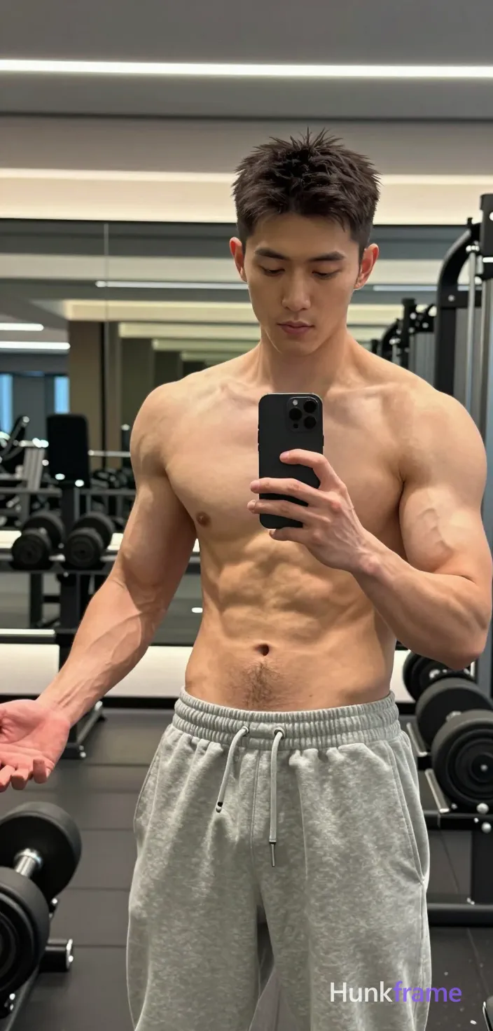 Asian man with short dark textured hair and clean-shaven face, light-medium skin tone standing shirtless in a modern fitness center mirror; He wears light gray sweatpants with elastic waistband and side pockets; Broad shoulders, defined pectorals, visible abdominal muscles, and toned arms are prominent as he holds a black smartphone with both hands to capture his reflection; Left arm extends outward with palm open while right hand grips the device at chest level; Neutral expression gazes downward slightly focused on screen; Overhead recessed lighting casts soft shadows on torso; mirror reflects ambient gym illumination and dumbbell racks in background; High-resolution vertical phone selfie composition, 13:19 aspect ratio, center-right foreground occupying majority of frame from head to mid-thighs with slight wide-angle distortion, same aesthetic theme and photo feel as the reference but a different man in a different pose with distinct body proportions, Turkish man, olive skin, aquiline nose, lean hairy chest editorial look; single clean uninterrupted photograph with a cohesive editorial composition and plain continuous surrounding surfaces