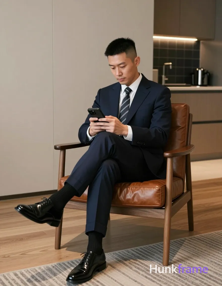 Asian man with short black straight hair, neat side part, clean-shaven head and neck; Seated in brown leather armchair with wooden frame, right leg crossed over left knee, torso leaning back relaxedly, head tilted downward toward phone held in both hands at chest level holding a black smartphone; Wearing dark navy blue single-breasted suit jacket with notched lapel, white collared dress shirt buttoned to neck, patterned dark tie with diagonal stripes in black and white/grey tones, matching navy trousers cuffed at ankle, black ribbed socks pulled up mid-calf, shiny black patent leather lace-up oxford shoes; Modern indoor space with light wood flooring, beige wall paneling, striped rug under chair, kitchen area visible in background featuring dark tiled backsplash and stainless steel fixtures; Soft ambient lighting from ceiling casting gentle shadows on floor and furniture, subtle backlighting from kitchen strip lights creating cool-toned glow behind subject; Palette of navy blue, black, white, brown leather tones, beige wood, grey rug patterns; Mood calm, composed, sophisticated, contemplative; Fine-art photography; single clean uninterrupted photograph with a cohesive editorial composition and plain continuous surrounding surfaces