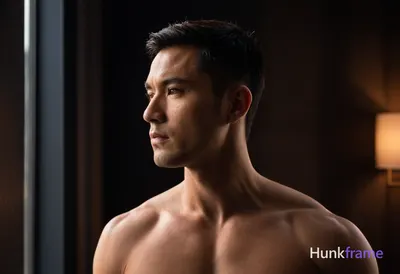 Asian man with short black hair, dark brown eyes, standing side profile against 
