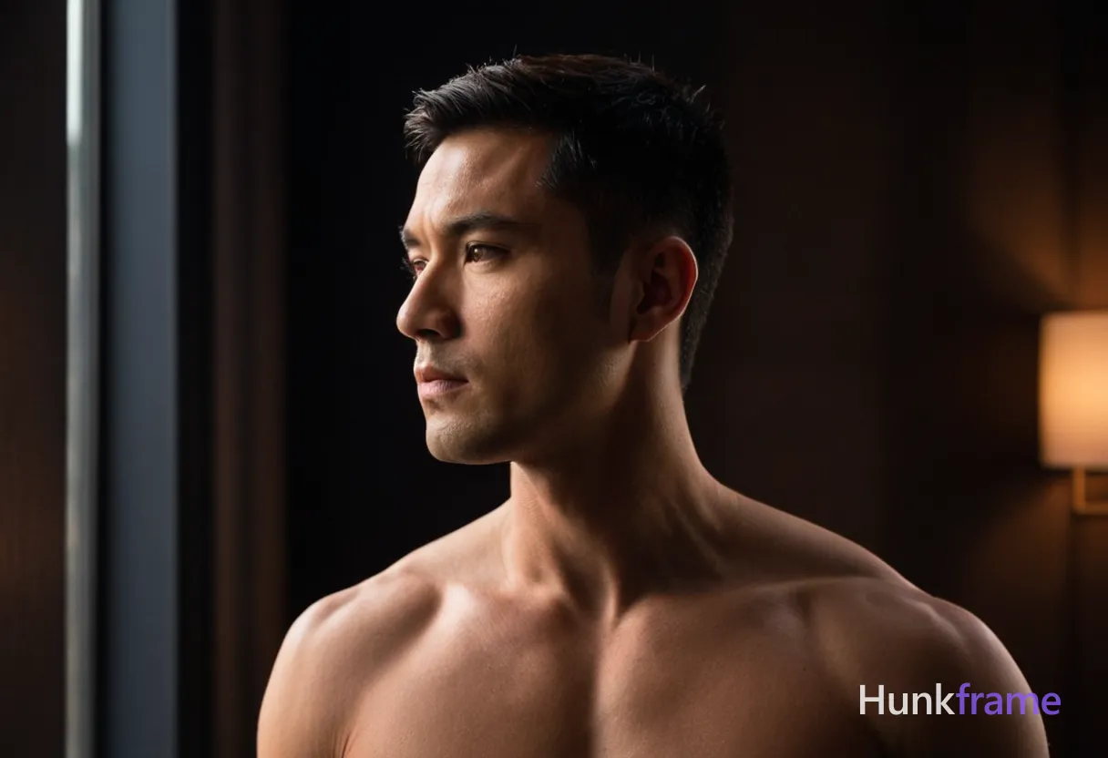 Asian man with short black hair, dark brown eyes, standing side profile against a dark moody backdrop; shirtless, showcasing defined muscles and strong jawline; soft cinematic lighting casts dramatic shadows on one side of his face while illuminating the other, emphasizing features and body contours; warm and inviting color palette with deep blacks and subtle highlights; athletic form in casual yet sophisticated styling; standing confidently by a large window during sunset, natural light filtering through the blinds creating a moody atmosphere; 1216x832 horizontal landscape orientation, 1000:667 aspect ratio
