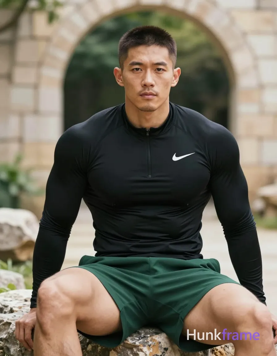 Asian man with medium-tan skin and short dark brown buzz cut, light stubble on jawline. Seated on rock surface outdoors near large archway, torso angled toward camera, left arm resting along thigh, right leg bent knee up showing thick thigh, left leg obscured by frame edge. Wearing black long-sleeve athletic top with partial front zipper and white Nike swoosh on chest, dark green shorts. Fully clothed adult occupying left two-thirds of vertical portrait frame 13:19. Natural daylight soft directional light from upper right, shallow depth of field, beige stone background with forest green foliage. Defined broad shoulders and chest muscles, confident strength pose, athletic gym photography style., a single uninterrupted photograph only, no written words or typography anywhere in frame, no captions, no app UI, no social-media post layout, no screenshot borders