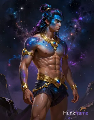 Asian man with blue-tinted cosmic skin and glowing highlights, long dark hair in