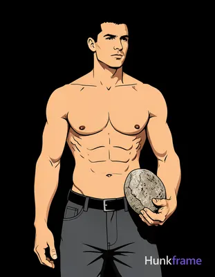 Bold flat-color wall art graphic of shirtless adult man with broad shoulders and six-pack abs standi