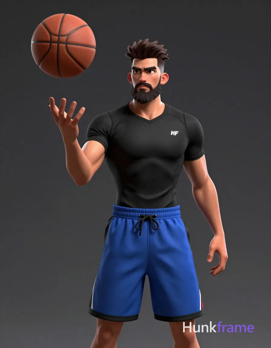 Adult masculine anime character with medium-dark skin, dark brown/black hair styled upward and back, full beard and mustache. Standing facing forward in a studio setting, releasing a basketball from his left hand while the ball floats suspended to the upper-left; right arm relaxed by side. Wearing black mesh athletic compression V-neck shirt with ribbed cuffs and small red/white tag on lower hem, blue athletic shorts with black lace-up waistband and side panels. High-contrast studio photography rendered as polished 2.5D next-gen game art style with dramatic directional lighting highlighting face and torso against a dark gray background with atmospheric haze/fog overlay. Vertical portrait crop from mid-thighs up to top of head centered in frame. Mood is intense, focused, athletic. Include exactly one visible wordmark, spelled exactly "HF", as a small garment print; preserve its appropriate typography and scale. No other visible text, logo, caption, username, hashtag, comment, watermark, or UI chrome., a single uninterrupted photograph only, no written words or typography anywhere in frame, no captions, no app UI, no social-media post layout, no screenshot borders