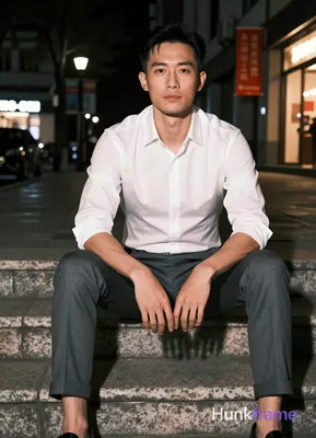 Photograph of exactly 1 adult man. Man 1: Asian, light-medium, oval with defined