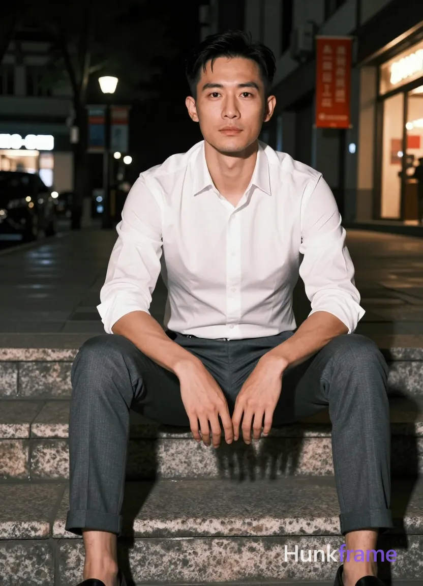 Photograph of exactly 1 adult man. Man 1: Asian, light-medium, oval with defined jawline, short black hair, straight texture, side-parted, clean-shaven head and neck. Man 1 has fully exposed eyes, eyebrows, temples and nose bridge. Broad shoulders with defined pectorals, toned abdomen on an Asian man. Seated casually on stone steps with hands resting between thighs while gazing directly at the camera. White long-sleeve button-up shirt sleeves rolled to mid-forearm paired with dark grey slim-fit trousers cuffed at ankles. Vertical portrait full-body shot centered from head to shoes capturing legs slightly apart in an urban night scene. Stone steps in front of a warmly lit building featuring red banners, trees under artificial ambient street lighting. High-contrast photography with sharply focused subject against a softly blurred background glowing from storefronts. Polished confident evening elegance mood matching fine-art fashion editorial photography aesthetic for Xiaohongshu lifestyle feed