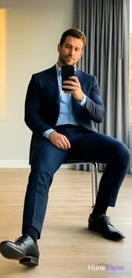 Seated on a chair with metal legs and black cushion, left leg extended forward, 