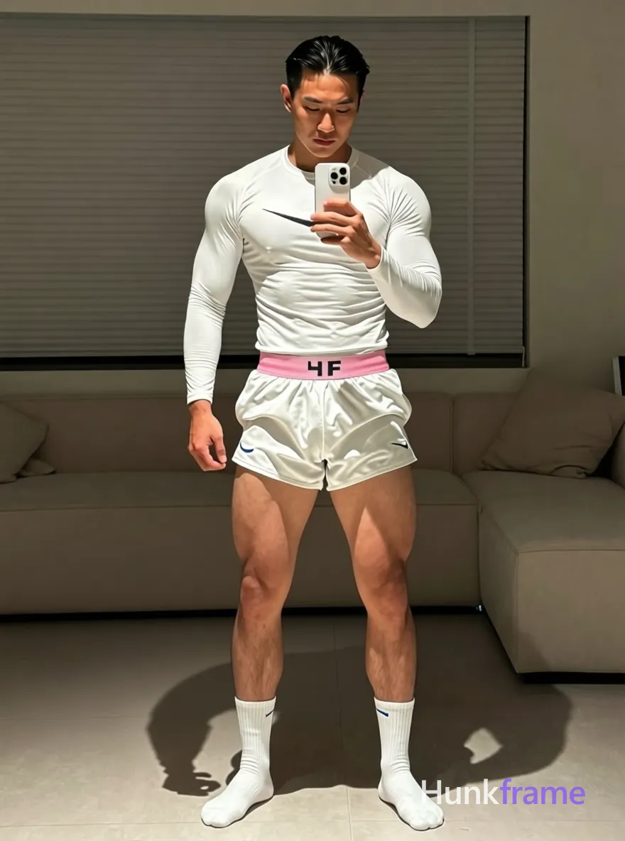 Asian man with tanned skin and black slicked-back hair, clean-shaven face looking down at a white smartphone held in left hand. Standing full-length mirror selfie pose, weight balanced on both legs, right arm relaxed by side. Wearing white long-sleeve compression shirt with centered black Nike swoosh logo, pink 'WOOM WOOM' waistband visible above white athletic shorts with blue swoosh, plain mid-calf socks, no shoes. Indoor residential space at night behind closed horizontal blinds, round stone coffee table and beige ottoman in background. Soft directional fill from front-left creating subtle shadows along torso and limbs, ambient warm interior glow reflecting off skin tones. High-resolution mirror selfie aesthetic, clean composition centered vertically within frame, dramatic lighting highlighting defined anatomy, thick thighs, and confident strength., shot on iPhone 15 Pro main camera, authentic smartphone computational photography, natural Smart HDR, vertical 9:16 Xiaohongshu lifestyle post, bright clean gym or cafe scene, wardrobe matching reference outfit, confident everyday blogger pose, phone photo with natural grain, Xiaohongshu mirror selfie, phone visible, soft ring light, authentic iPhone portrait mode bokeh, phone held naturally in one hand for selfie, phone visible in frame, a single uninterrupted photograph only, no written words or typography anywhere in frame, no captions, no app UI, no social-media post layout, no screenshot borders