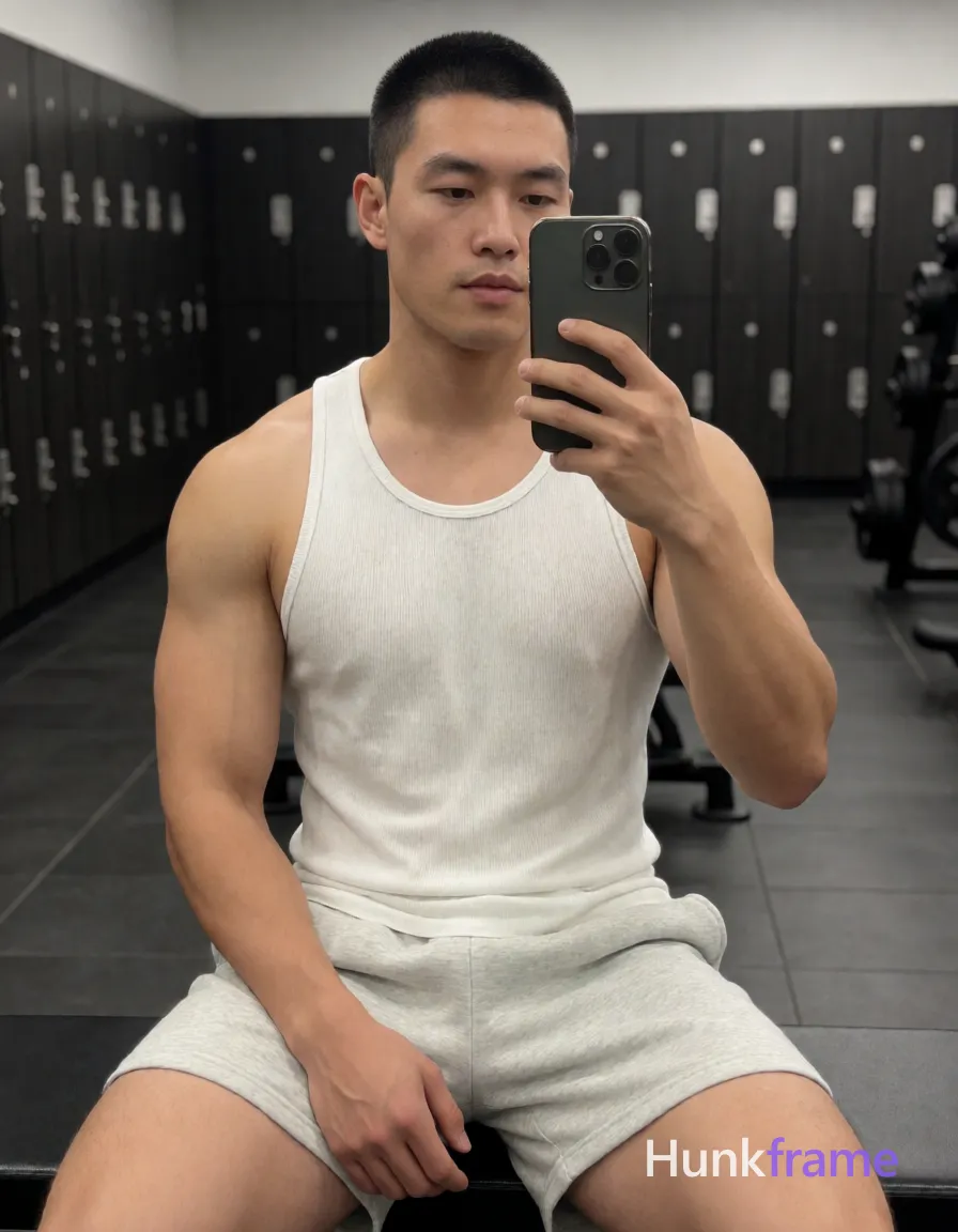 Photograph of exactly 1 adult man. Man 1: East Asian, light-medium, square-jawed with defined cheekbones and a straight jawline, short buzz cut, black hair, high density, clean-shaven scalp visible at the nape, clean-shaven. Man 1 has fully exposed eyes, eyebrows, temples and nose bridge. East Asian man with broad shoulders, thick quads. Seated holding phone for mirror selfie in gym locker room. Shirtless white ribbed tank top over light gray heathered sweat shorts. Vertical portrait crop from knees to head centered in reflection. Modern dark tiled floor with wall lockers, blurred weight racks. Even overhead LED casting soft shadows on defined musculature. High-res candid iPhone selfie energy with natural skin texture