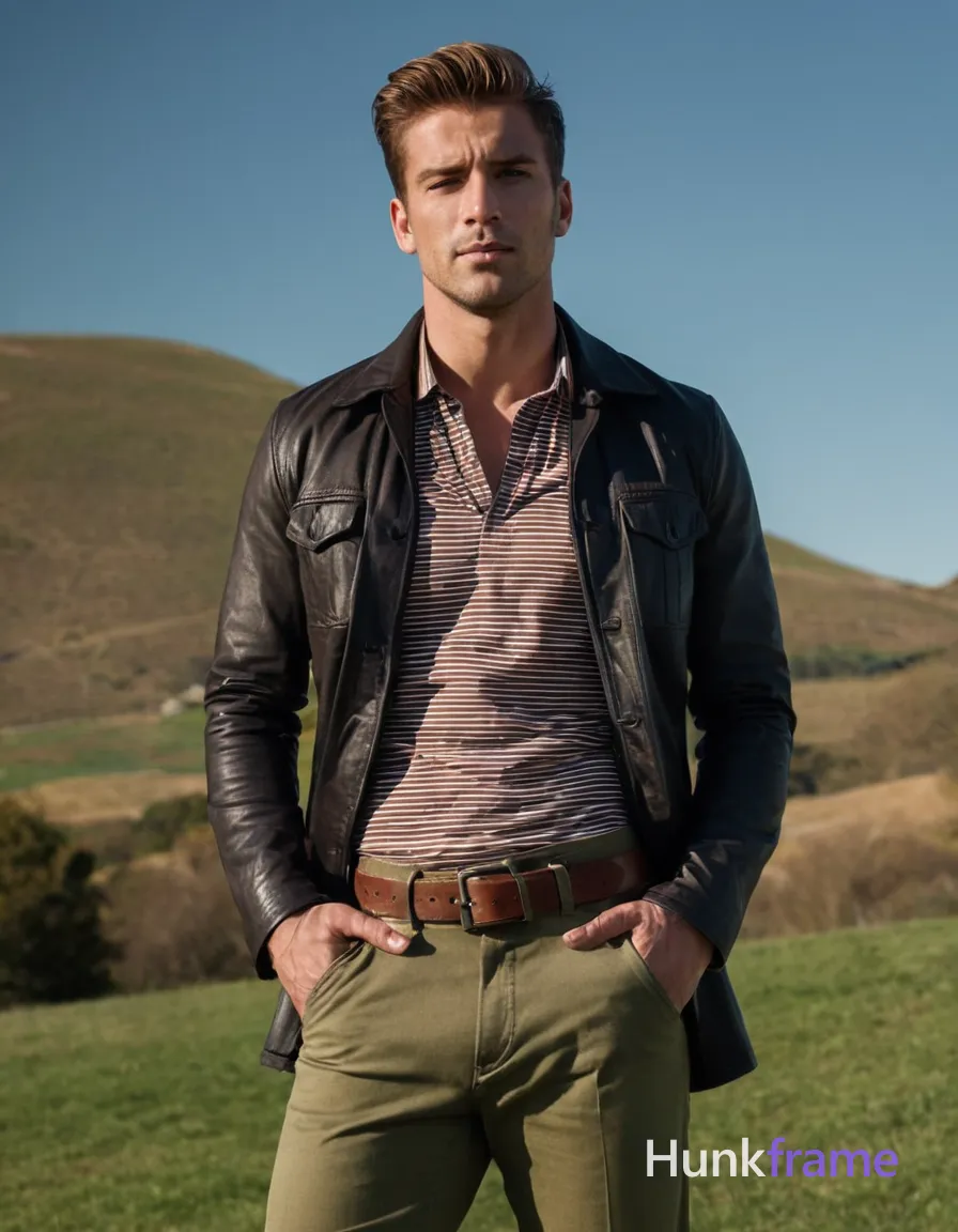 A handsome an anonymous figure man poses on a grassy hillside in late afternoon light, dressed in a striped shirt and olive green pants with a brown belt. His serious demeanor is highlighted by the natural setting, hands together at chest level. The background showcases rolling hills under a clear sky, soft shadows accentuating his defined muscles and athletic form. Camera captures full-body composition