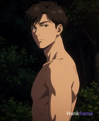 Polished anime style portrait of an Asian man with short dark brown tousled hair and side-swept bang