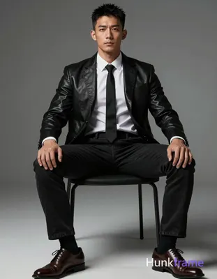 A Chinese man with light tan skin and high cheekbones is seated confidently on a