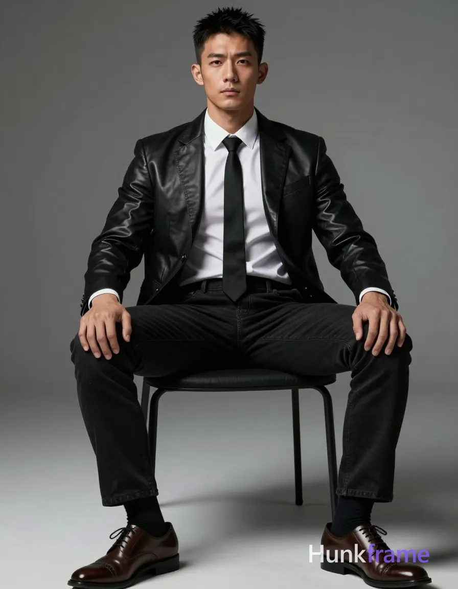 A Chinese man with light tan skin and high cheekbones is seated confidently on a minimalist chair, torso slightly leaned back. He wears a black leather jacket over a white t-shirt, fitted black jeans, and polished brown dress shoes. The setting features soft grays and dramatic lighting that highlights his lean wiry martial-arts physique in an urban environment