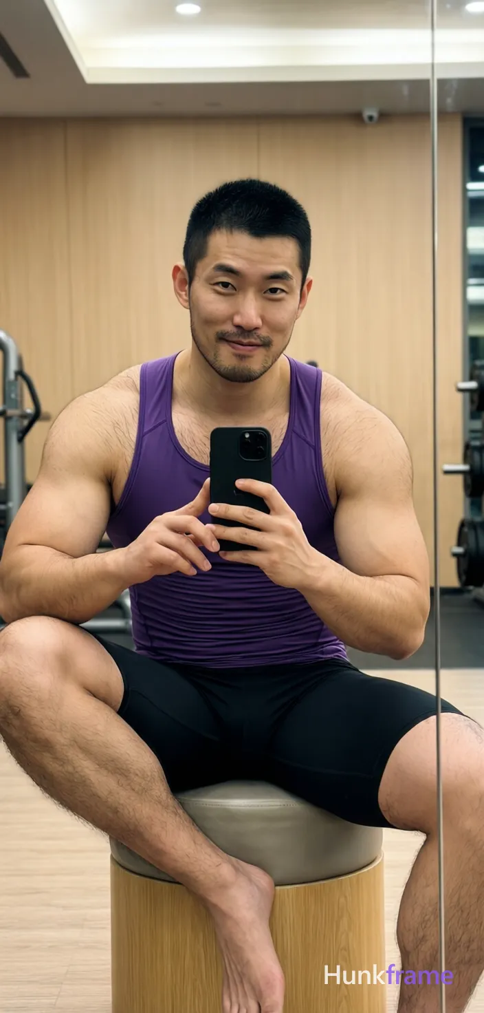 Asian man with short black buzz cut and light stubble sits centered in a gym mirror reflection on a cylindrical ottoman, right leg bent foot resting on left knee; He wears a tight purple sleeveless athletic tank top exposing chest hair and abdomen over broad shoulders and thick thighs, paired with mid-thigh black compression shorts; Holding a black smartphone with both hands to capture the view, thumbs poised for interaction under soft ambient indoor lighting from overhead fixtures against light wood paneling and beige walls; Slightly tilted angle portrait composition emphasizing defined pectorals and muscular calves in confident casual mood, same aesthetic theme and photo feel as the reference but a different man in a different pose with distinct body proportions, lean Korean man, sharp jaw, monolid eyes, slim swimmer build, natural black hair; single clean uninterrupted photograph with a cohesive editorial composition and plain continuous surrounding surfaces