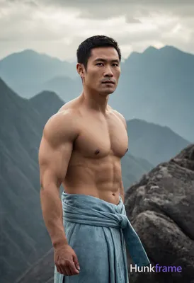 A muscular Asian man in elegant Chinese robes standing against a backdrop of mis