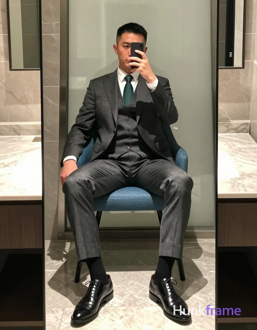 Full-body vertical mirror selfie of an adult man with light-medium skin and a short black buzz cut, seated upright in a blue upholstered chair. He wears a dark grey three-piece suit including jacket, waistcoat, trousers, white dress shirt, dark green patterned tie, black socks, and black leather lace-up oxford shoes. Legs are slightly apart with feet flat on the floor; torso is fully clothed. Framed within a modern bathroom mirror reflection showing marble countertops and frosted glass shower door. Soft indoor ambient light highlights clean lines of the suit fabric. Polished, formal mood with sharp focus on attire posture., a single uninterrupted photograph only, no written words or typography anywhere in frame, no captions, no app UI, no social-media post layout, no screenshot borders