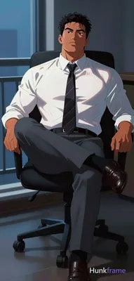 Adult man with broad shoulders and thick thighs, seated in a black office chair 
