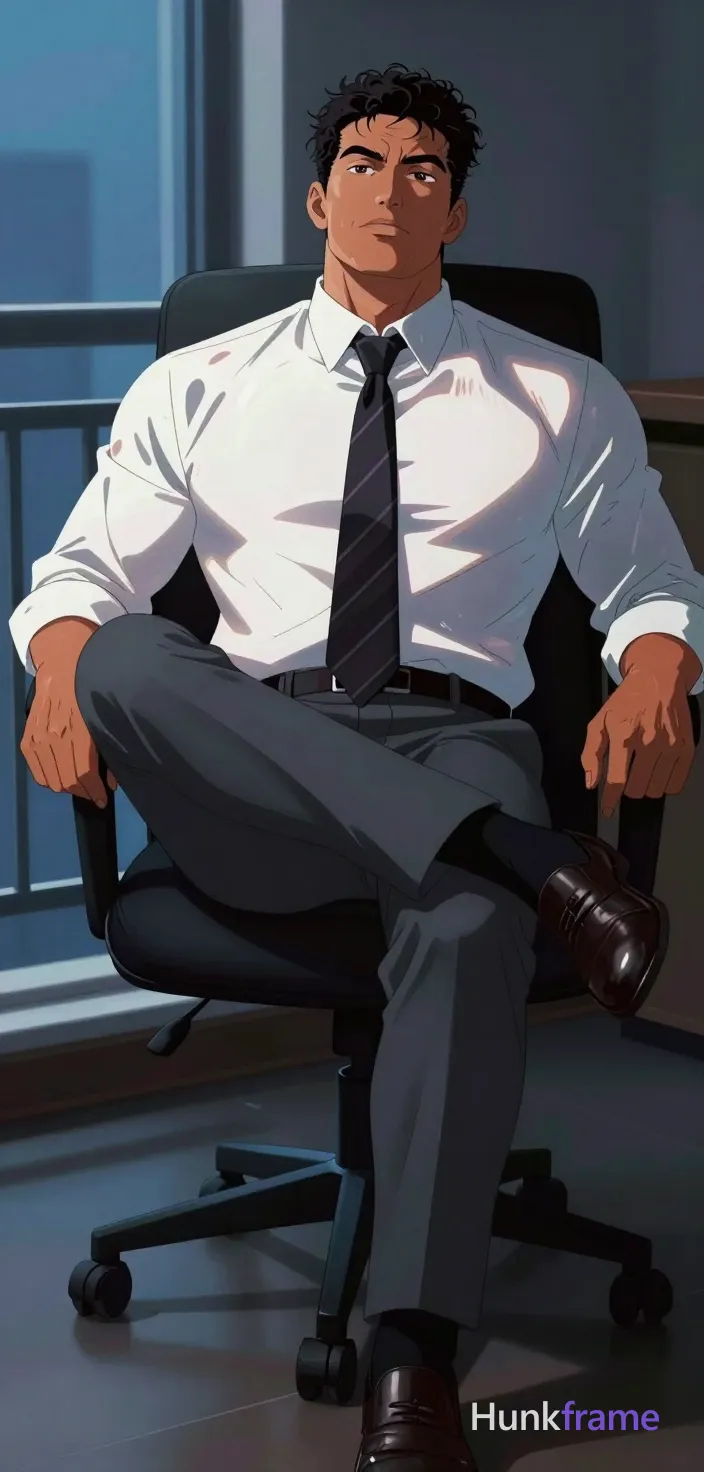 Adult man with broad shoulders and thick thighs, seated in a black office chair leaning back left leg crossed over right knee. Wearing white long-sleeve dress shirt buttoned to collar, dark striped necktie, grey trousers, black socks, leather shoes. Vertical portrait crop waist-up mid-thighs head cropped at top edge. Dark interior room with balcony railing visible through window showing blue-toned exterior light. Dramatic directional lighting from left side highlighting shirt and tie against cool ambient blue backlight. High-contrast anime style emphasizing sculpted masculine form in moody sophisticated atmosphere., same aesthetic theme and photo feel as the reference but a different man in a different pose with distinct body proportions, Pacific Islander man, sun-kissed skin, stocky powerful legs, short curly hair, a single uninterrupted photograph only, no written words or typography anywhere in frame, no captions, no app UI, no social-media post layout, no screenshot borders