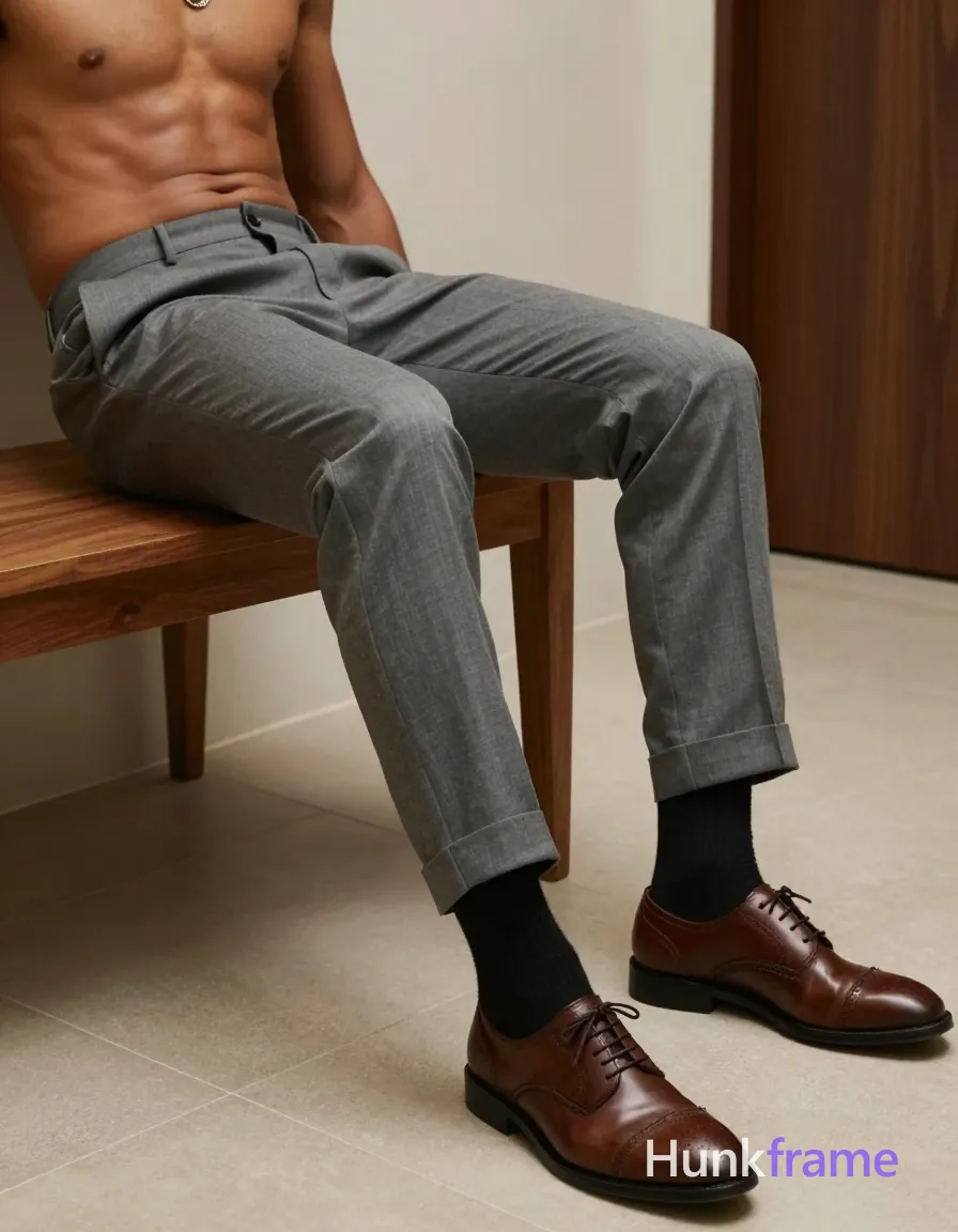 Seated male subject, legs extended resting on a low wooden table with left leg slightly higher than right. Grey suit trousers with cuffed hems, black dress socks, brown leather brogue shoes. Waist-up to feet crop, head not visible in frame. Indoor room with tiled floor and dark wood furniture. Soft directional light from left illuminating thick thighs and grey fabric. Muted palette of grey, brown, black, cream. Clean lines minimalist interior photography style., same aesthetic theme and photo feel as the reference but a different man in a different pose with distinct body proportions, Brazilian Latino man, warm olive skin, curly dark hair, compact athletic torso, a single uninterrupted photograph only, no written words or typography anywhere in frame, no captions, no app UI, no social-media post layout, no screenshot borders