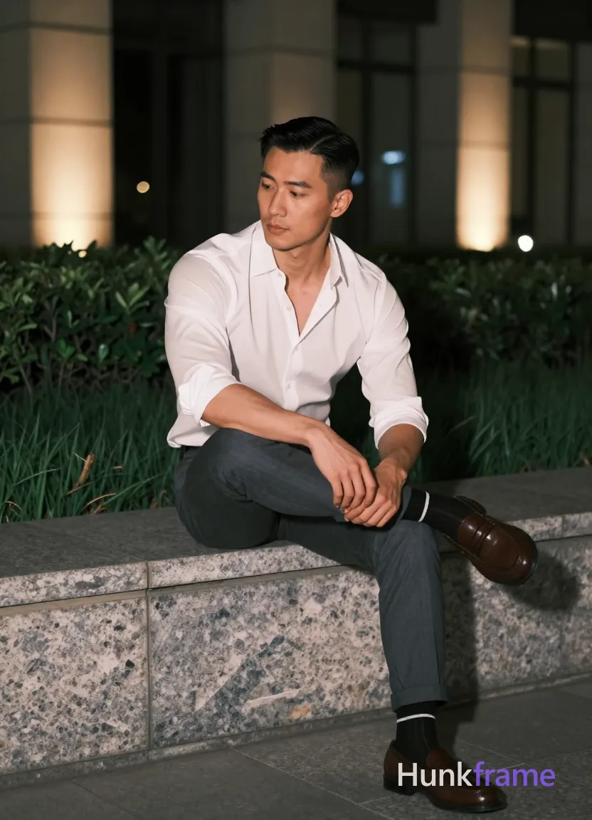 Asian man with short black straight side-parted hair and clean-shaven face, light-medium skin tone seated on a wide stone ledge outdoors at night; He wears a white long-sleeve button-up shirt unbuttoned at the top two buttons revealing minimal chest hair, paired with dark grey slim-fit trousers cuffed at hems over black socks with white stripes and brown leather loafers; His broad shoulders and defined biceps are prominent as he crosses his right leg over left knee in a sculpted pose; Torso angles forward slightly while head turns toward camera but eyes gaze downward to the left with neutral pensive expression; Modern building facade looms behind manicured greenery under soft directional artificial ambient light illuminating front from left and warm accent lights on wall; Full-body shot center-right composition, fine-art photography fashion editorial aesthetic dramatic nighttime lighting sophisticated calm contemplative mood vertical portrait 13:19 aspect ratio; single clean uninterrupted photograph with a cohesive editorial composition and plain continuous surrounding surfaces