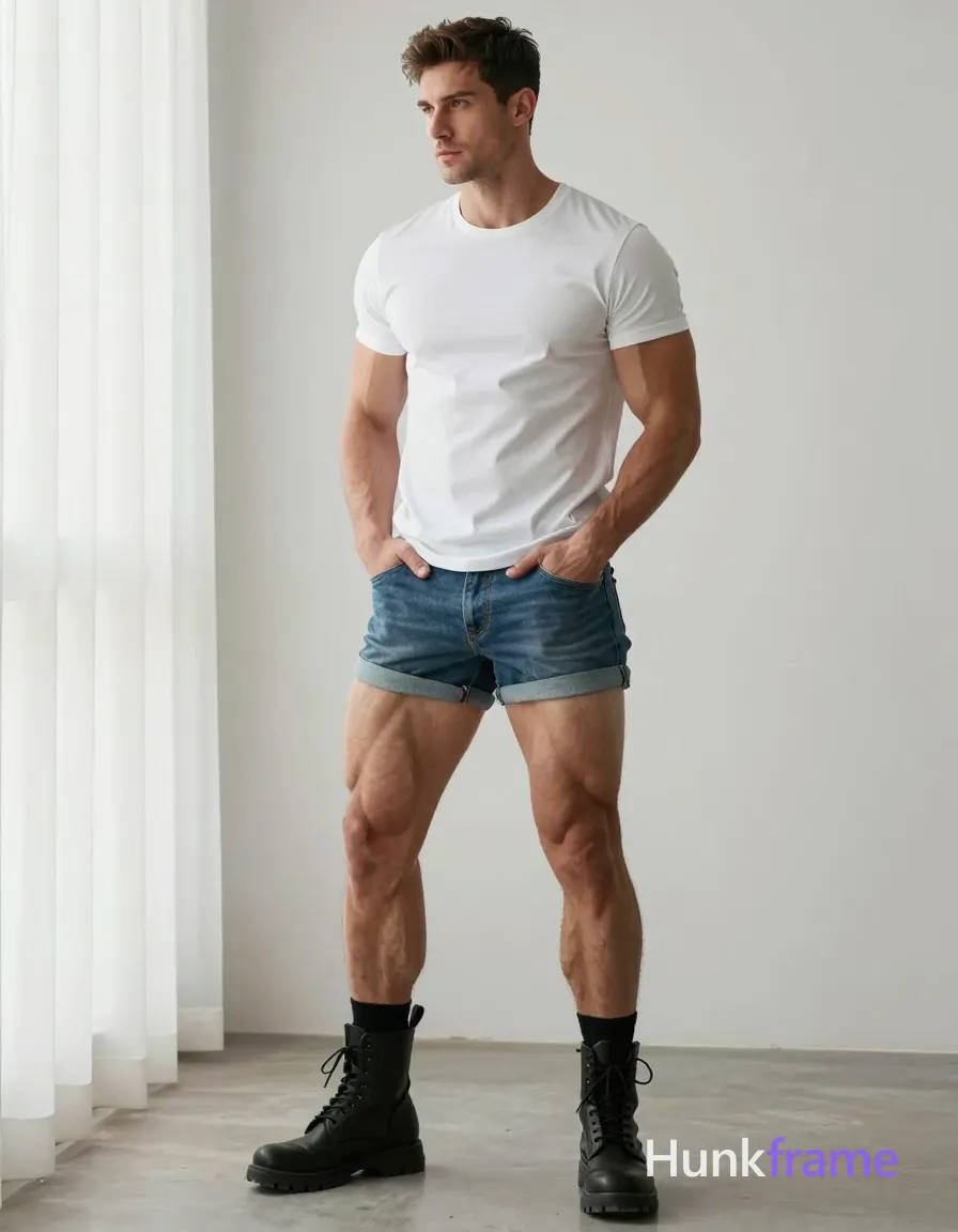 Photoreal photograph of a handsome masculine man standing shirtless with hands in pockets, slightly turned to the side. He wears a white t-shirt, blue jeans, and black combat boots. The setting features soft window light against a neutral white background, emphasizing his defined abs and thick muscular thighs on a compact athletic build. The composition is vertical portrait orientation with an 832x1216 canvas size, maintaining the same aspect ratio as the reference image