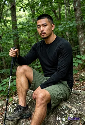 Asian man medium-tan skin short black buzz cut styled top light stubble beard se