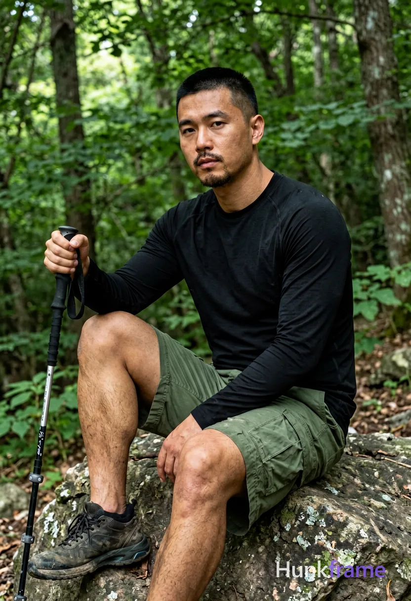 Asian man medium-tan skin short black buzz cut styled top light stubble beard seated on rock in forest torso angled left head turned to camera direct gaze neutral mouth right knee up and bent left leg extended downward out of frame holding trekking pole handle with right hand near thigh wearing black long-sleeve athletic shirt torso fully covered olive-green cargo shorts broad shoulders thick thighs dense green foliage background natural dappled light through canopy mobile phone camera aesthetic slightly grainy texture vertical portrait 13:19 aspect ratio, wearing underwear or swim trunks, covered genitals, no frontal nudity, a single uninterrupted photograph only, no written words or typography anywhere in frame, no captions, no app UI, no social-media post layout, no screenshot borders