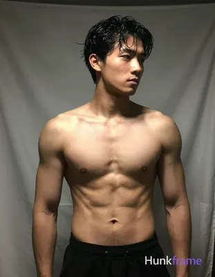 Asian man with short dark black slightly wavy wet-looking hair parted left, clean-shaven face neutra