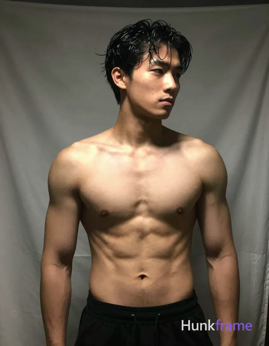 Asian man with short dark black slightly wavy wet-looking hair parted left, clean-shaven face neutral contemplative gaze away from camera; Shirtless broad shoulders defined pectorals six-pack abs visible obliques wearing black athletic shorts waistline; Selfie angle torso angled right head turned left up arms extended holding device implied; Indoor dimly lit room soft overhead lighting draped fabric background high-contrast selfie aesthetic skin texture emphasized moisture sheen on skin and hair intimate dramatic masculine mood portrait centered filling frame mid-thigh to head; single clean uninterrupted photograph with a cohesive editorial composition and plain continuous surrounding surfaces